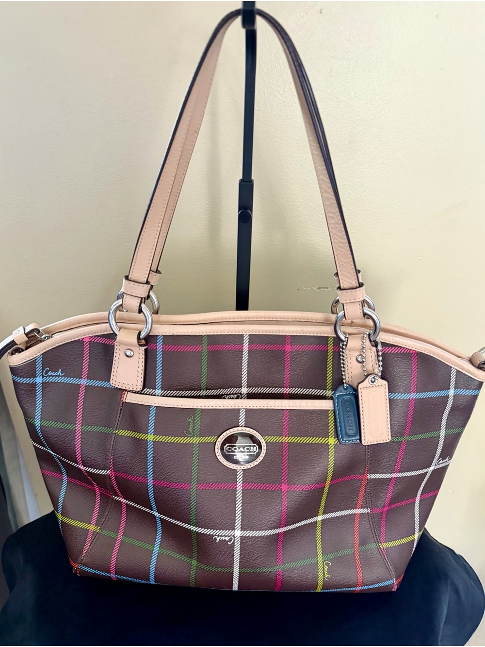 Coach Brown Plaid Tote with Pink and Multi-Color Accents